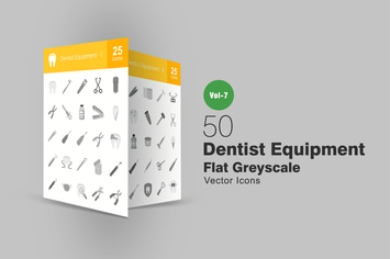 50 Dentist Equipment Flat Greyscale Icons