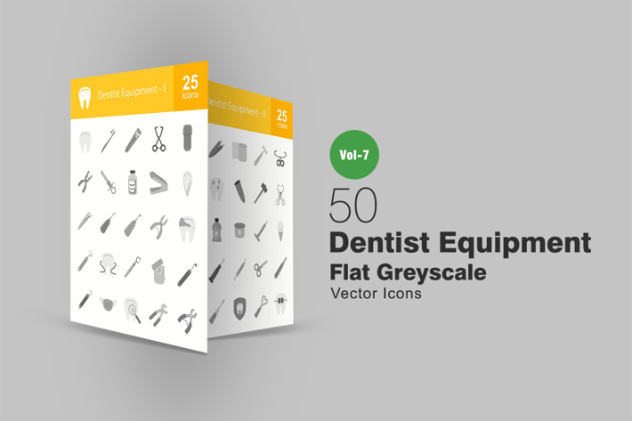 50 Dentist Equipment Flat Greyscale Icons