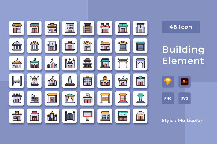 48 Building Element Multicolor Style Icon Pack