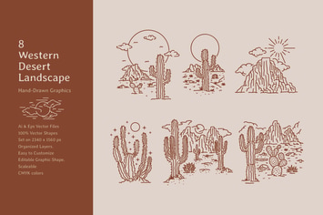 Western Desert Cactus Landscape Lineart Hand Drawn