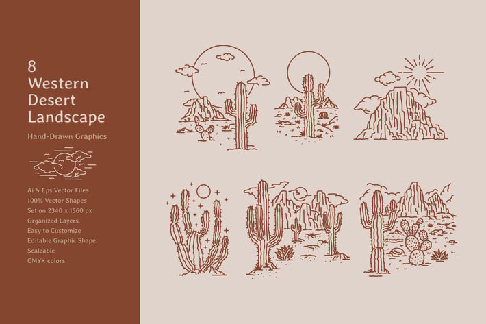 Western Desert Cactus Landscape Lineart Hand Drawn