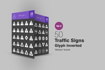 50 Traffic Signs Glyph Inverted Icons