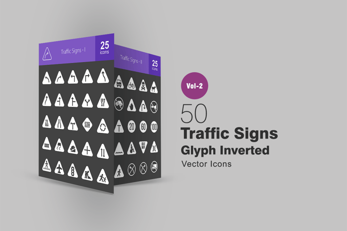 50 Traffic Signs Glyph Inverted Icons
