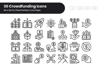 30 Crowdfunding Icons Set - Line