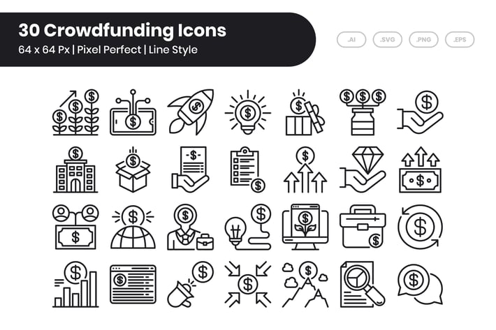 30 Crowdfunding Icons Set - Line