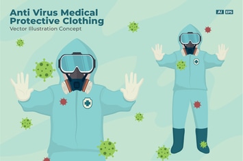 Corona Virus Warning & Men Wearing Protective Suit