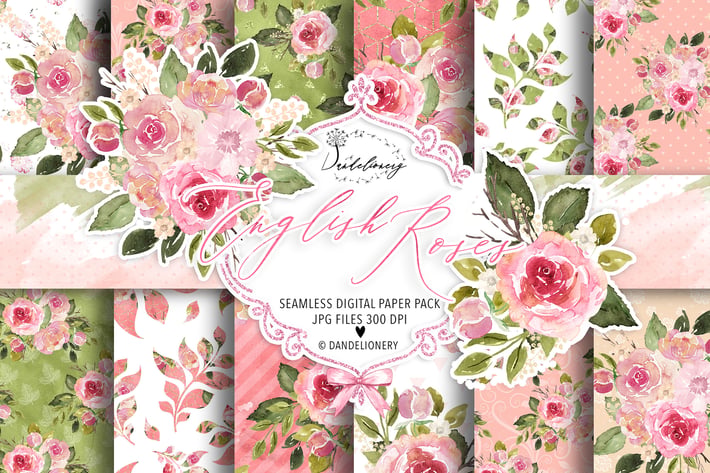 Watercolor English Roses digital paper pack