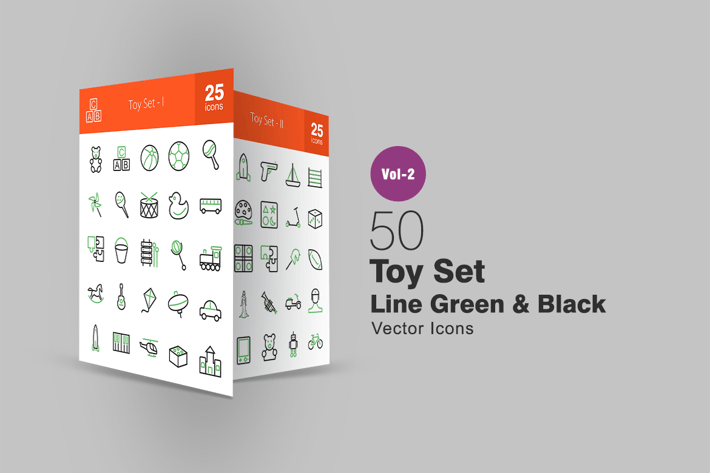 50 Toy Set Line Green & Black Icons