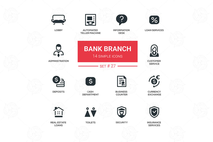 Bank branch - modern vector icons, pictograms set