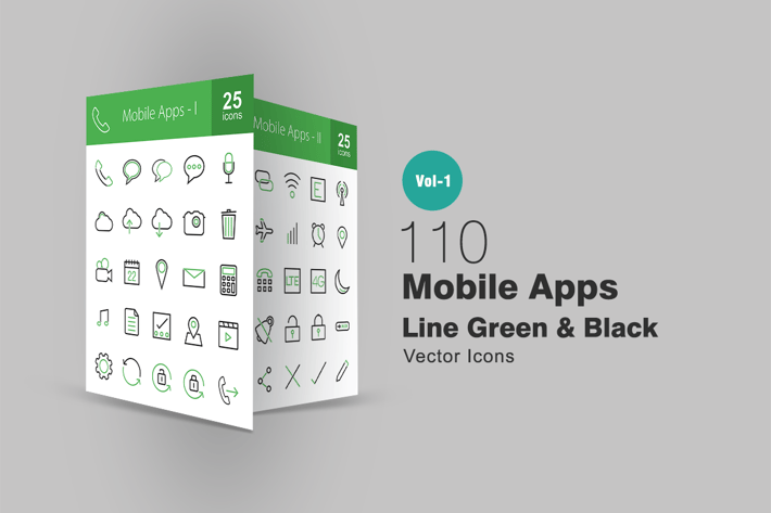 110 Mobile Apps Line Green & Black Icons