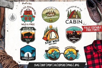 Camping Adventure Badges, Retro Travel Logos Set