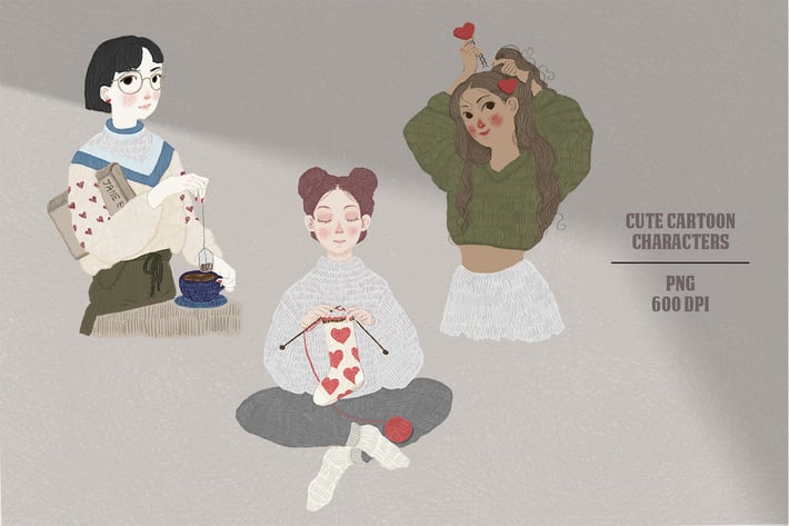 Cute valentine hand-drawn cartoon girls