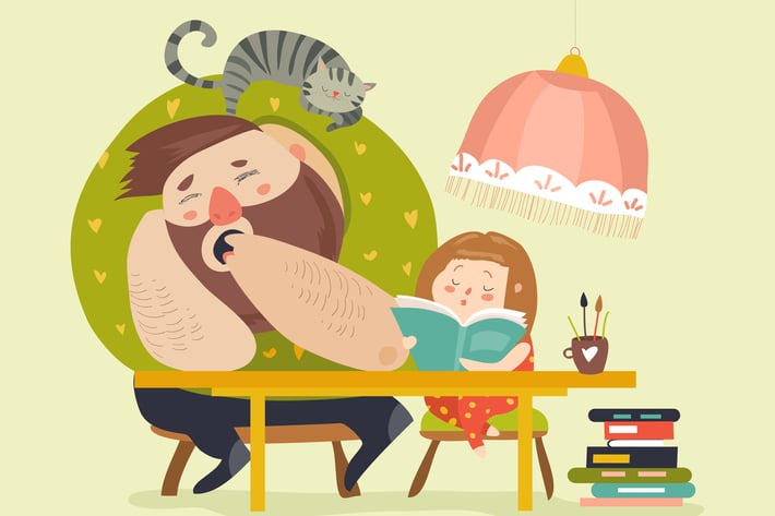 Girl with Dad doing homework. Vector illustration
