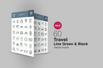 60 Travel Green & Black Line Icons
