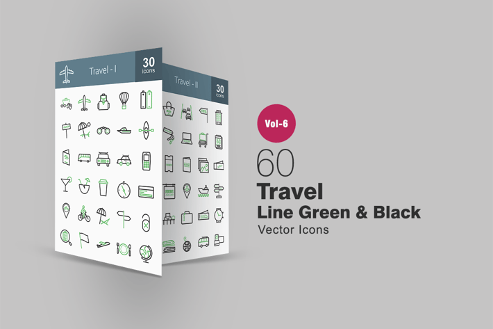 60 Travel Green & Black Line Icons