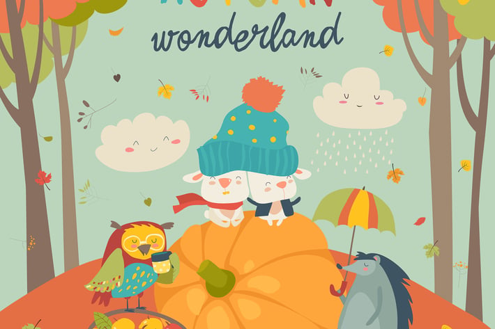 Hello autumn background with cute animals. Vector 