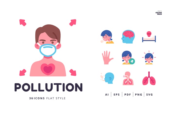 36 Pollution Icons Flat Style
