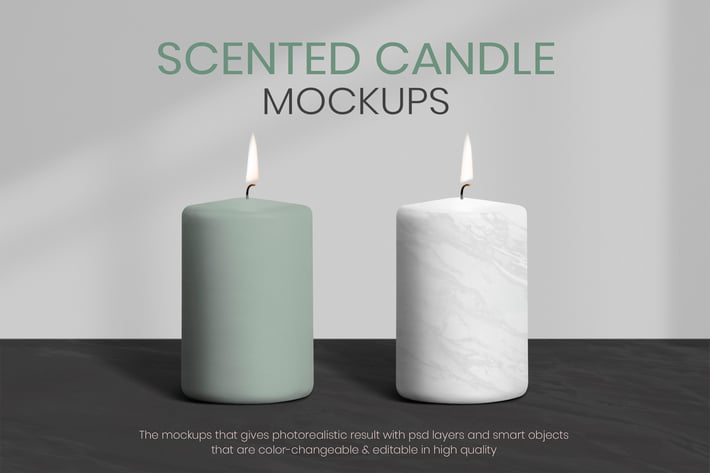 Scented candle mockup in green and white marble