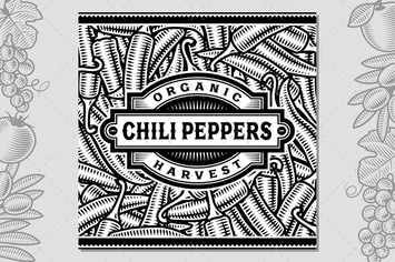Retro Chili Pepper Harvest Label Black And White