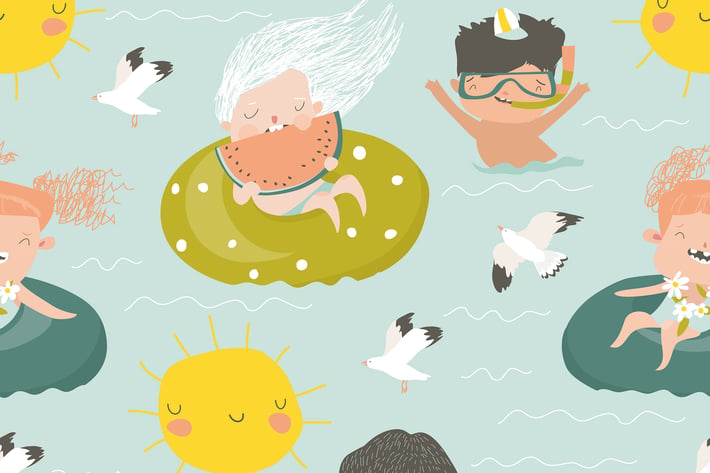 Vector seamless pattern of kids having fun and swi