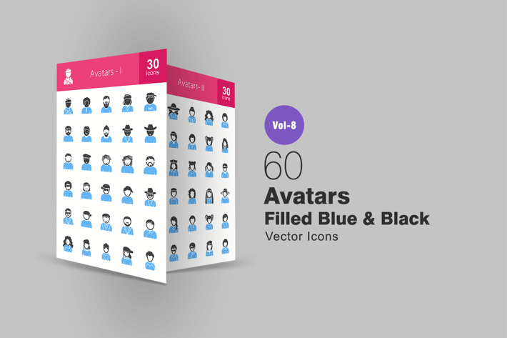 60 Avatars Filled Blue & Black Icons