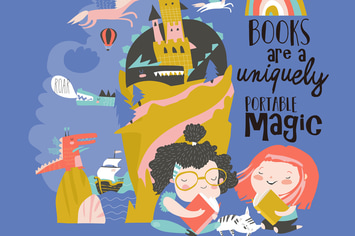 Cute girls reading fairy tale and dreaming. Vector