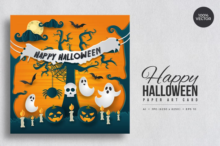 Happy Halloween Paper Art Vector Card Vol.3