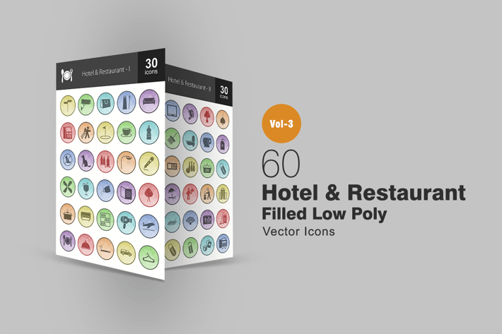 60 Hotel & Restaurant Filled Low Poly Icons
