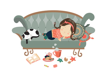 Lazy sleeping girl with cat. Vector 
