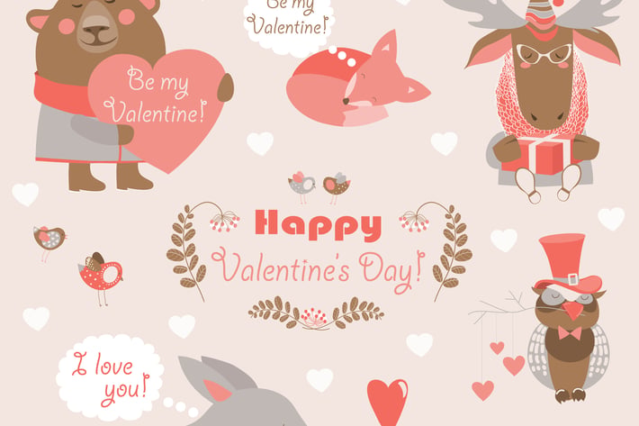 Vector set of fun animals with hearts and flowers