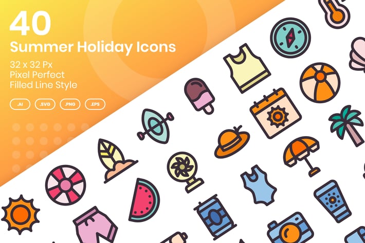 40 Summer Holiday Icons Set - Filled Line