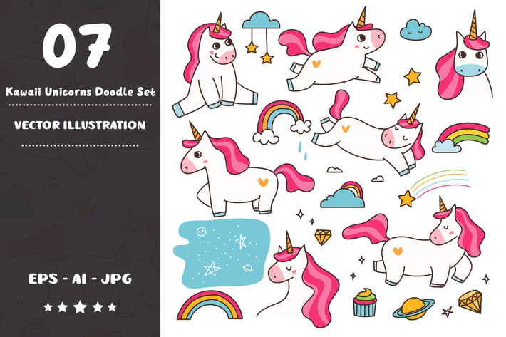 Kawaii Unicorns Doodle Set