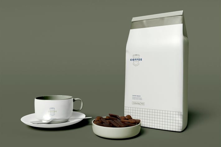 Coffee Cup And Paper Bag With Coffee Beans Mockup