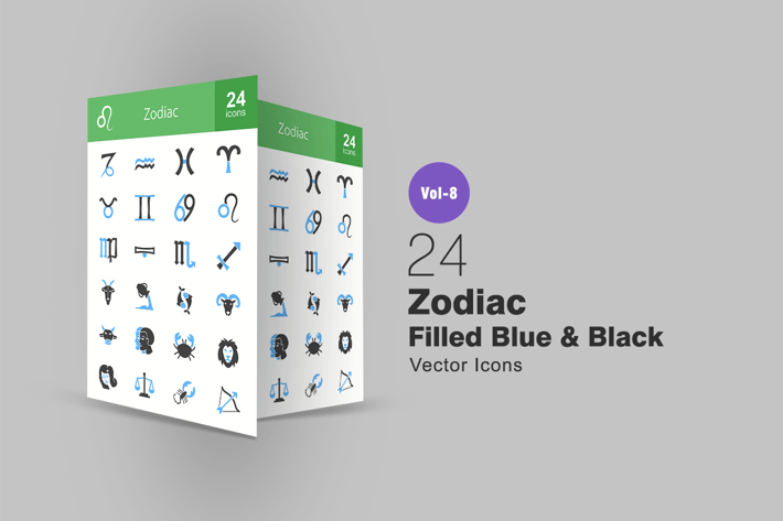 24 Zodiac Filled Blue & Black Icons