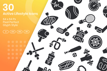 30 Active Lifestyle Icons Set - Glyph