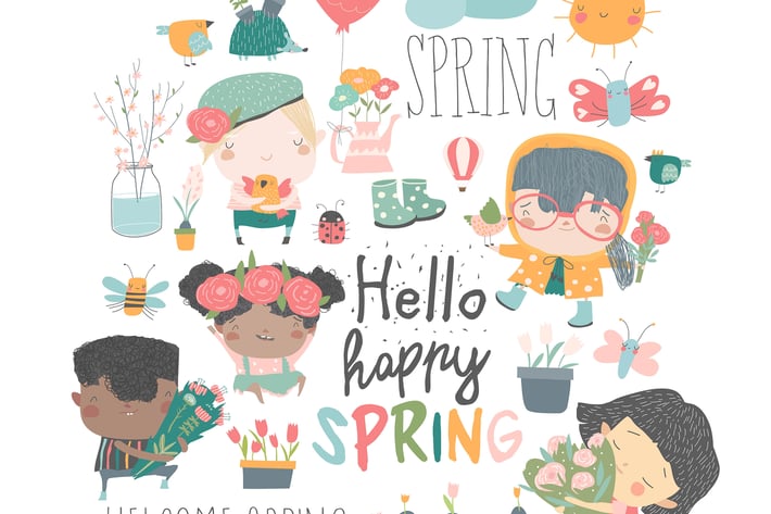 Cartoon kids and spring elements. Vector collectio