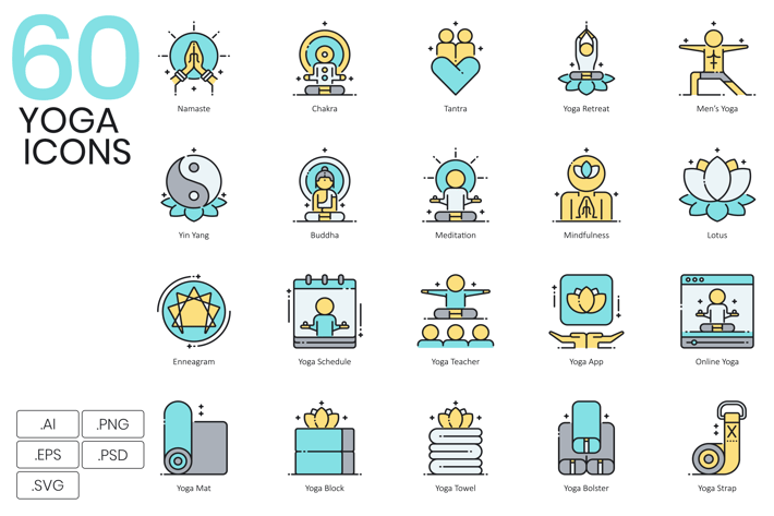 60 Yoga Exercise & Fitness Line Icons