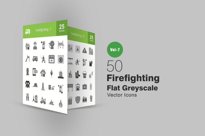 50 Firefighting Flat Greyscale Icons