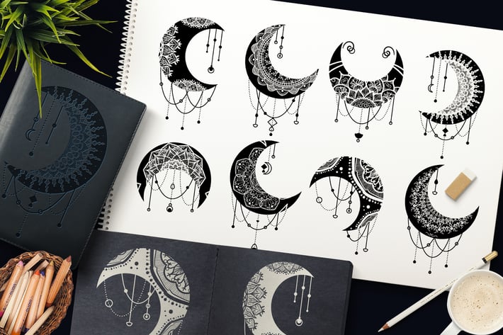 Mandalas Crescent Moon Clipart Set