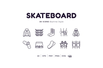 30 Icons Skateboard Outline Style