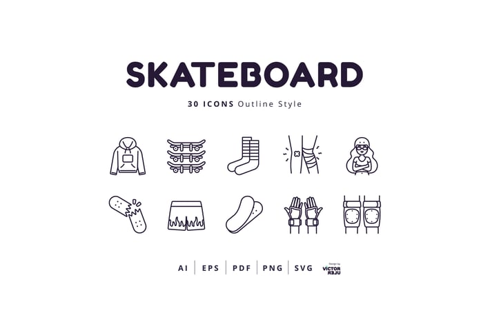 30 Icons Skateboard Outline Style