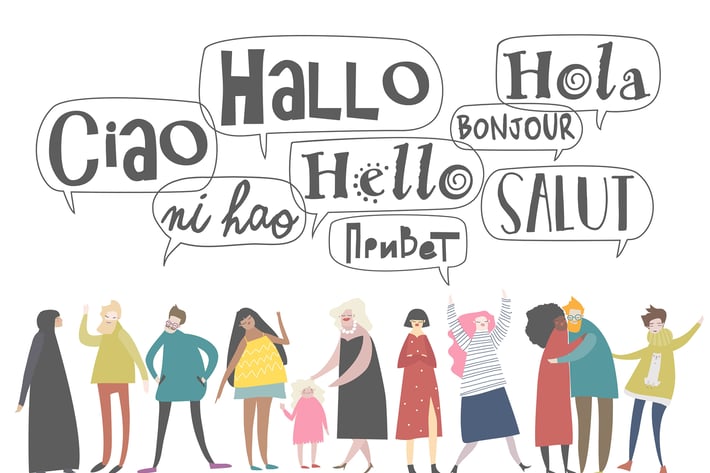 Group of cartoon people talking in different langu