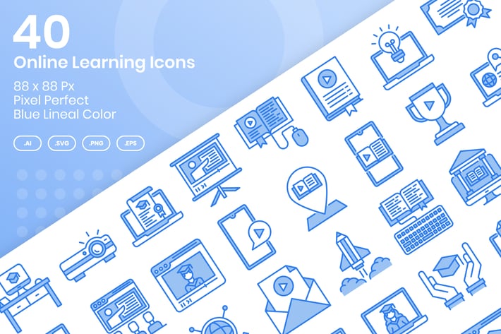 40 Online Learning Icons Set - Blue Lineal Color