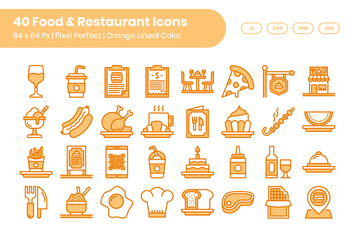 40 Food & Restaurant Icons - Orange Lineal Color