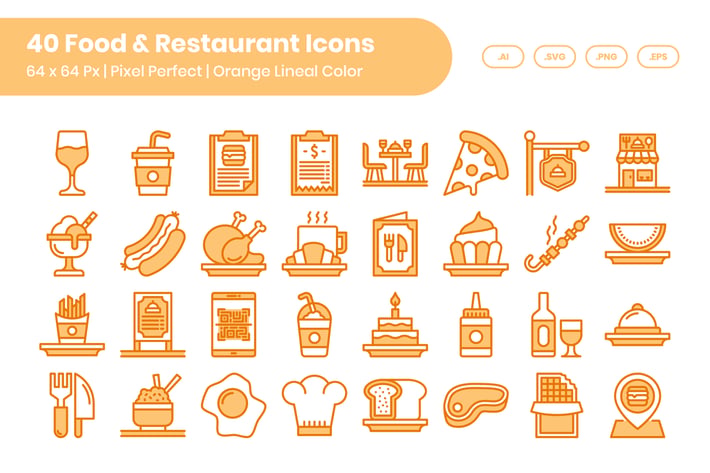 40 Food & Restaurant Icons - Orange Lineal Color