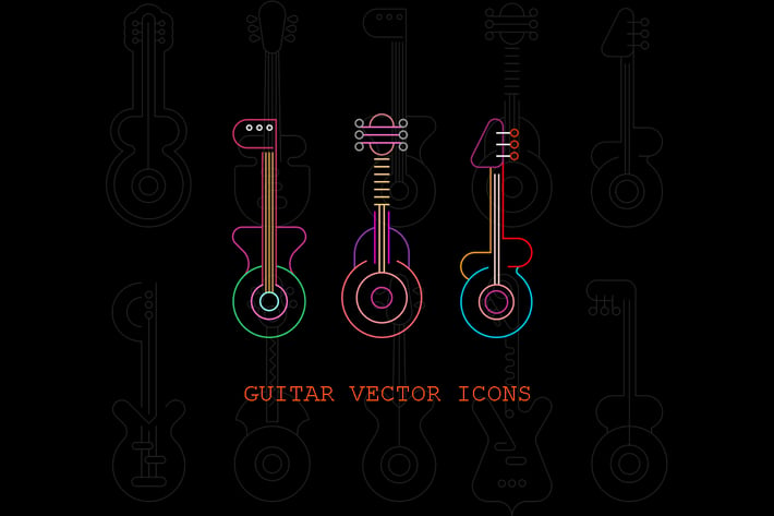 Set of Line Art Guitar Silhouettes vector icon set
