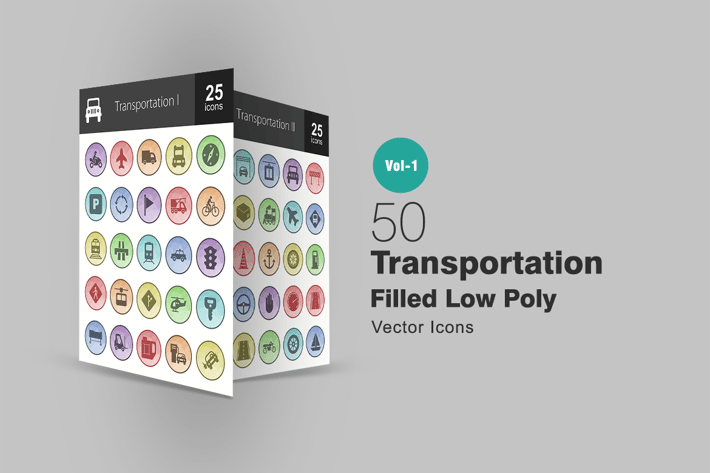 50 Transportation Filled Low Poly Icons