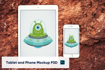 Phone and Tablet on Stone Background - Mockup PSD 