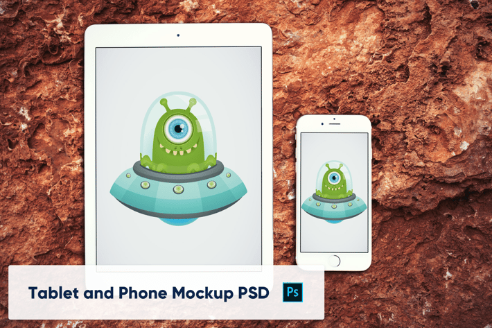 Phone and Tablet on Stone Background - Mockup PSD 