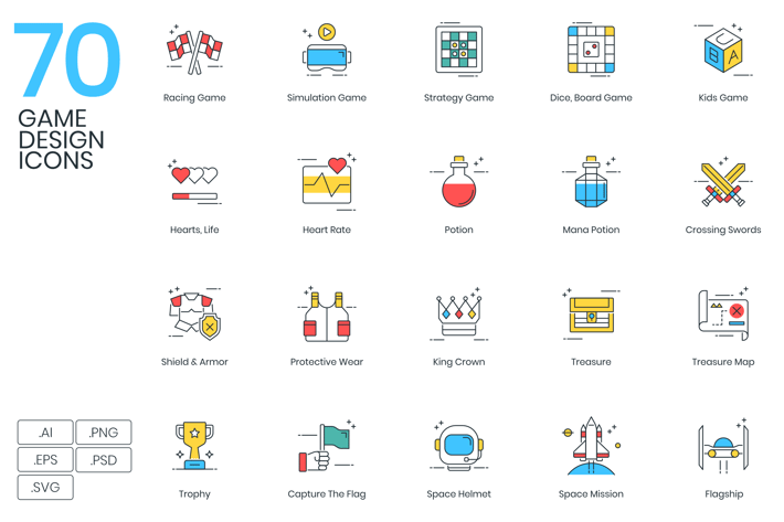 70 Game Design Line Icons